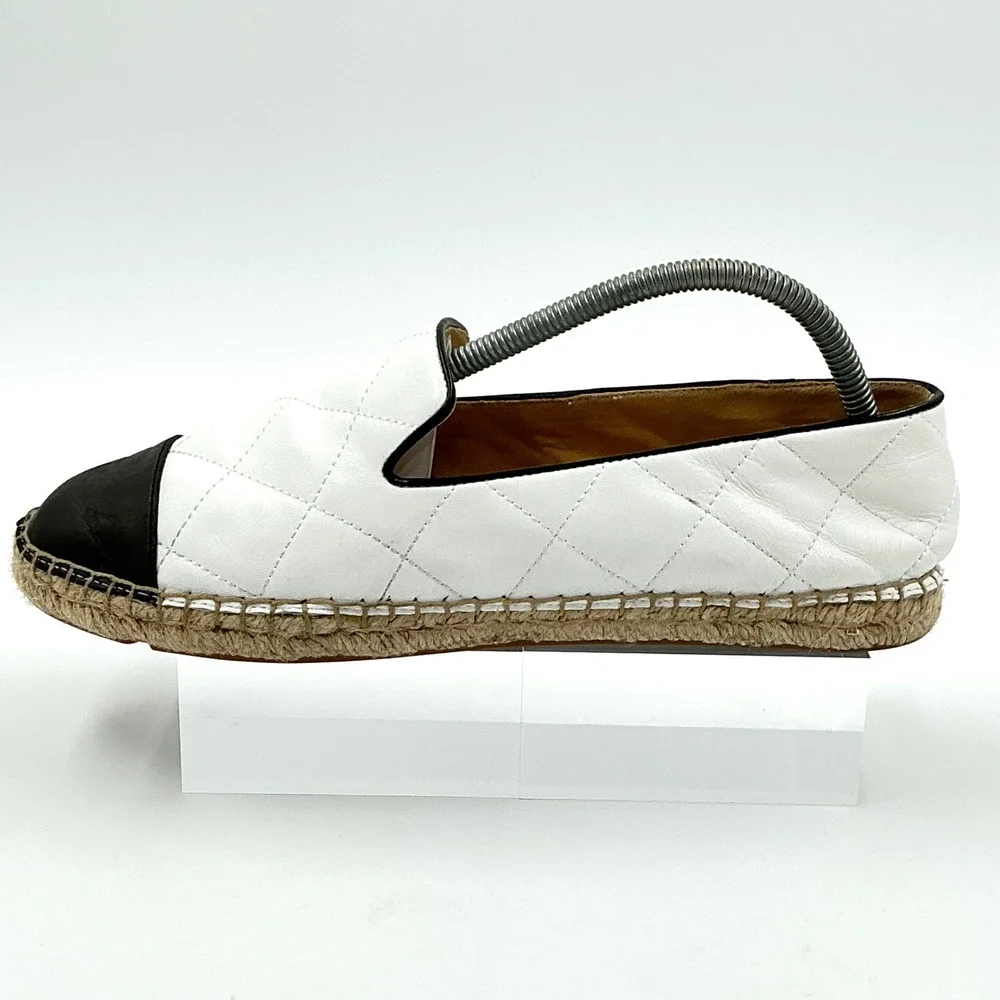 Talbots Size 9.5 White Quilted Leather Espadrille Loafers Black Cap Toe